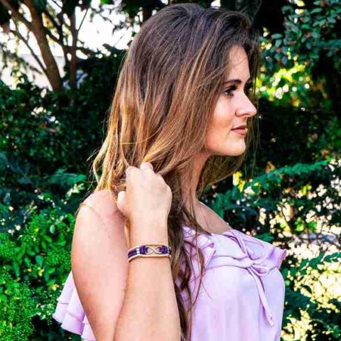 Model wearing purple cork bracelet