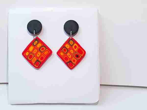 Set #2 Hundertwasser Petite Dangle Drop Earrings Red Yellow Black