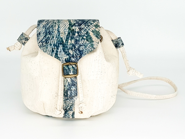 Cork Bucket Bag In Creme With Blue Animal Pattern