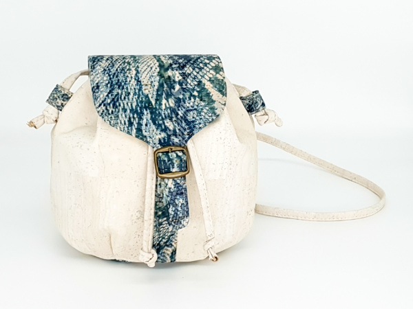 Cork Bucket Bag In Creme With Blue Animal Pattern