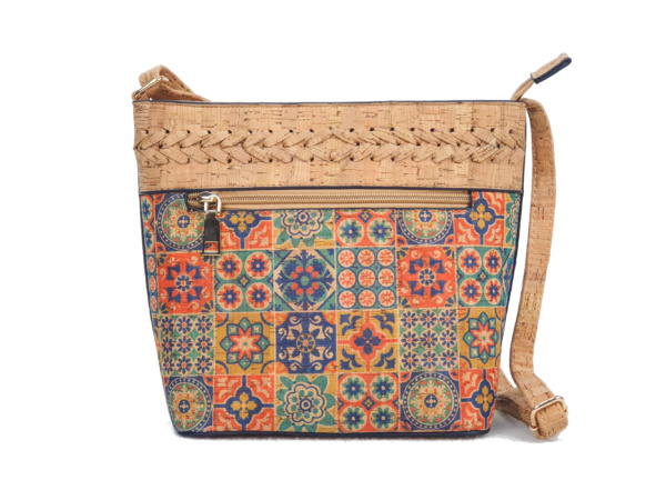 Cork Crossbody Bag with Portuguese Tile Pattern and Woven Detail