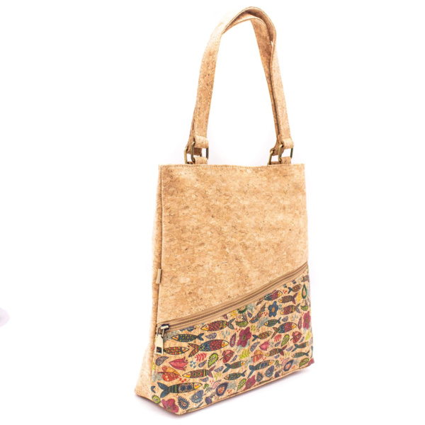 Cork Shopper Tote Bag with Sardine Pattern