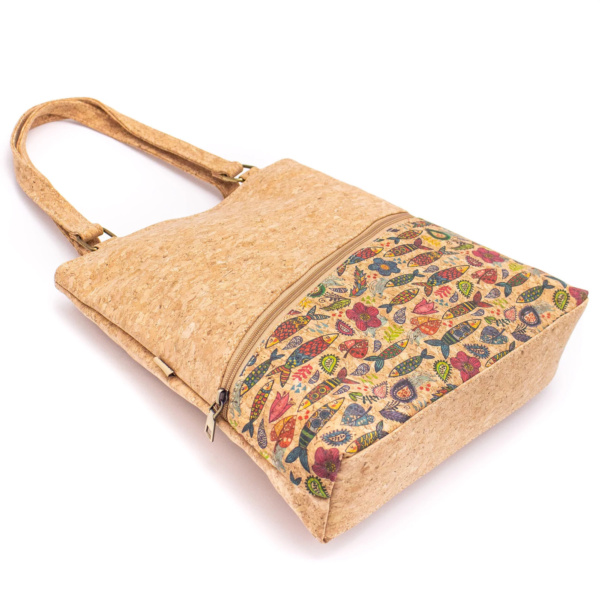 Cork Shopper Tote Bag with Sardine Pattern