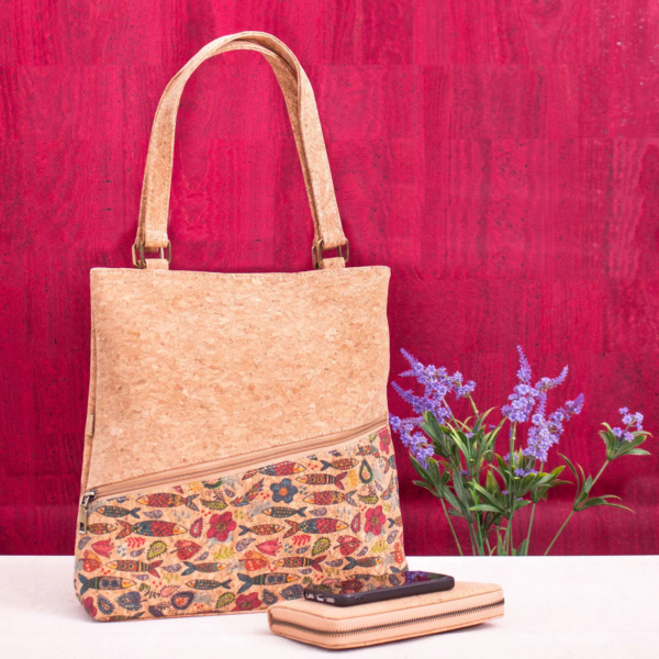 Cork Shopper Tote Bag with Sardine Pattern